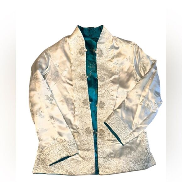 Vtg Solz Squirrel Aqua Blue Floral Reversible Kimono Embroidered Jacket Sz Small - Picture 4 of 6